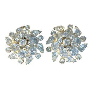 Vintage Floral Rhinestone Clip On Earrings Light Blue MCM EUC